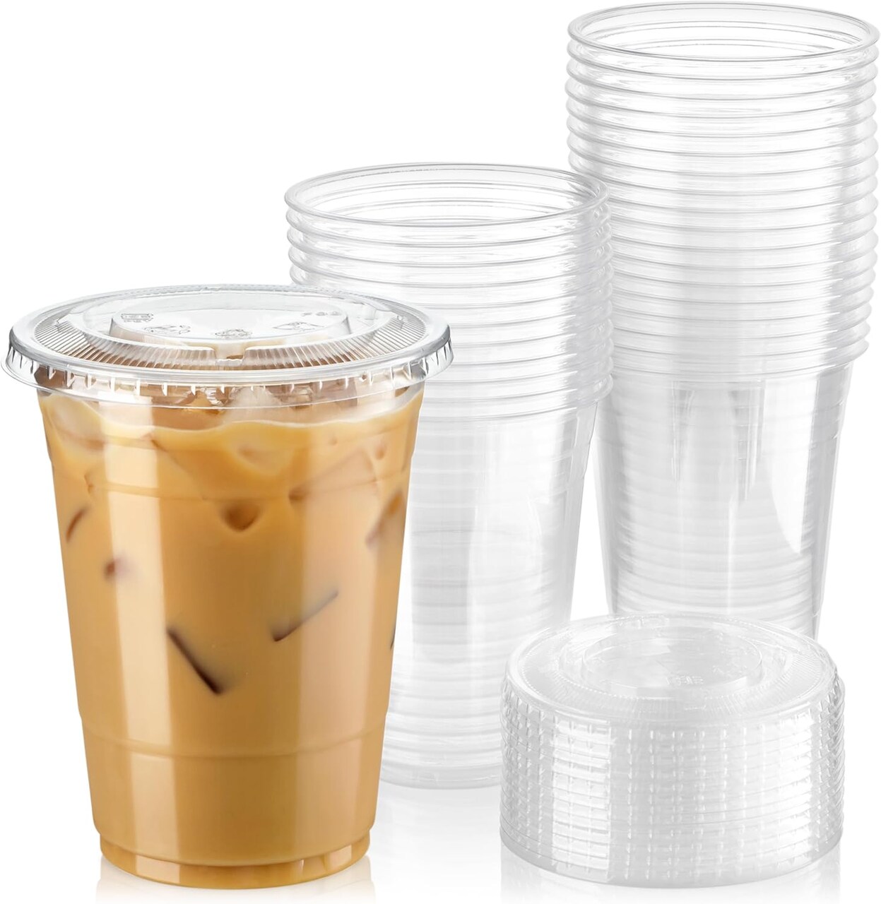 50 Pack 16 oz Clear Plastic Cups with Flat Lids, Disposable Iced Coffee Cups, BPA Free Premium Crystal Smoothie Cup for Party, Lemonade Stand, Cold Drinks, Juice, Milkshake